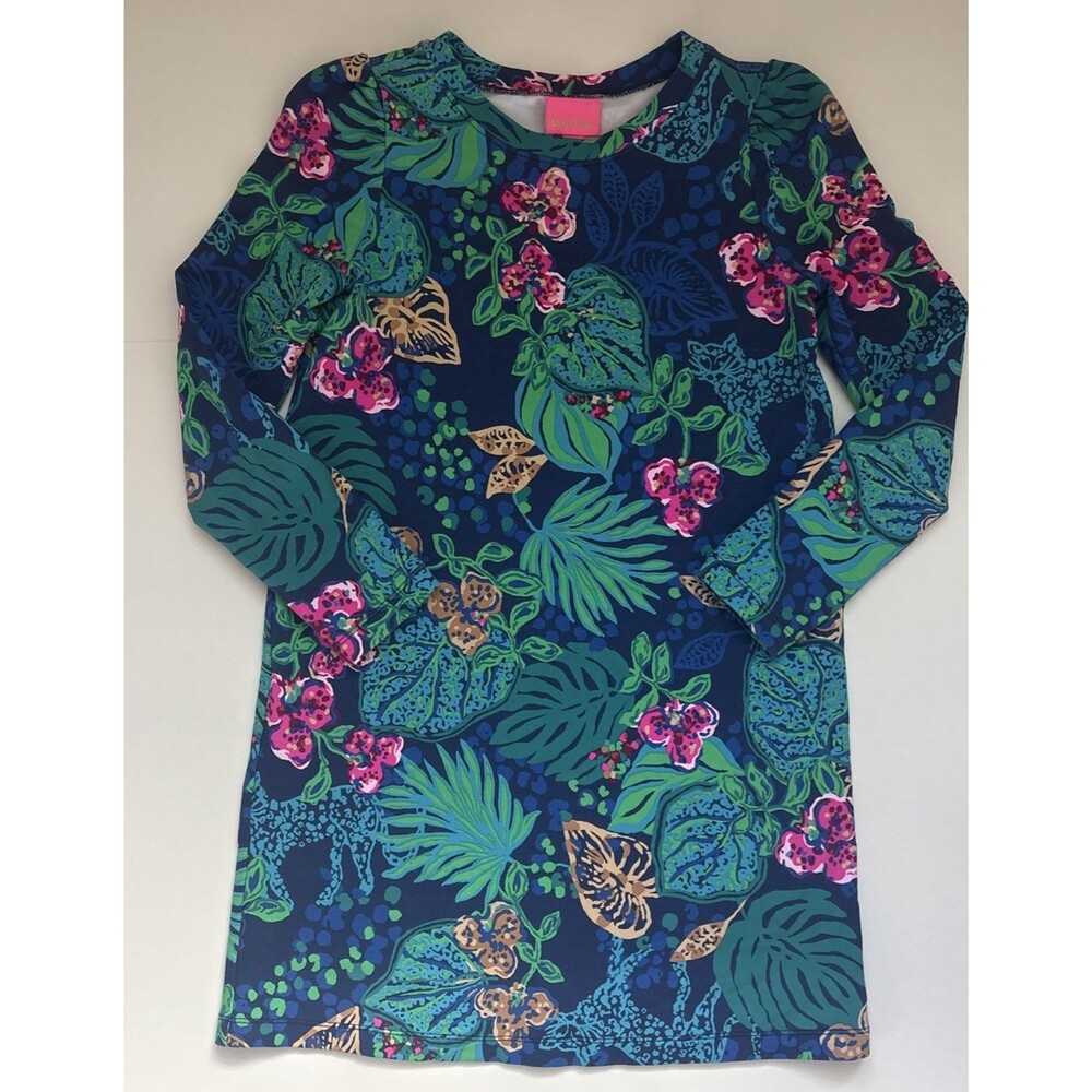 Lilly Pulitzer Girls Navy Tropical Leopard Print French Terry Dress Large 8-10